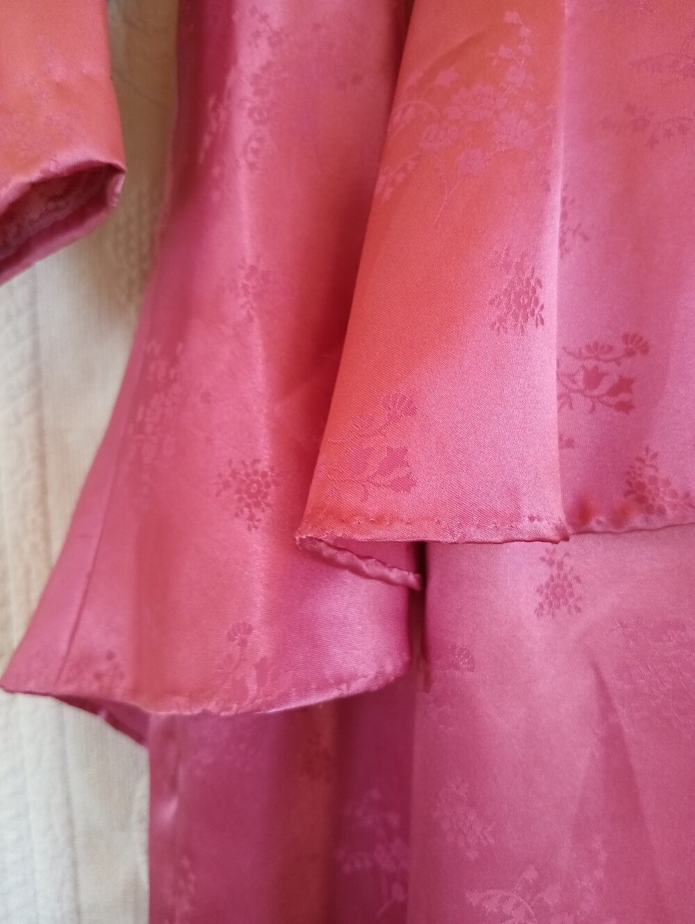 Vintage Pink Peplum Long-Sleeve Midi Dress Satin Floral 80s Barbie Girl OOAK 10 - Picture 5 of 16